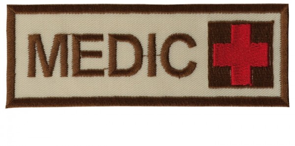 Schriftzug Medic mit Kreuz Sand/Braun/Rot